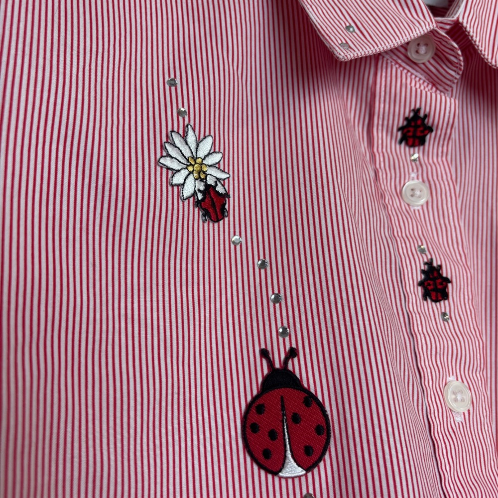Las Olas Ladybug Embroidered Shirt Womens Small Red Pinstripe Rhinestone Vintage - Picture 7 of 15